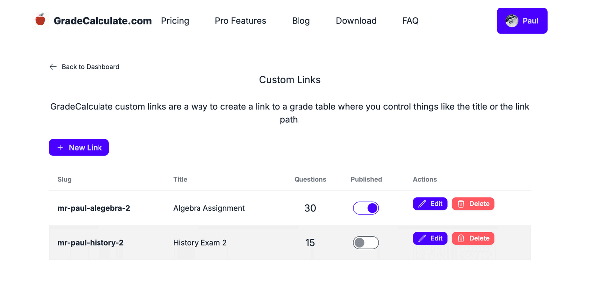Custom Links GradeCalculate header image